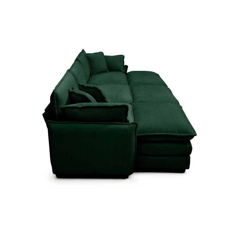 Green 6-piece Corduroy Upholstered Modular Sleeper Sectional Sofa with 3 Removable Ottoman and 5 Pillows, Free Combination