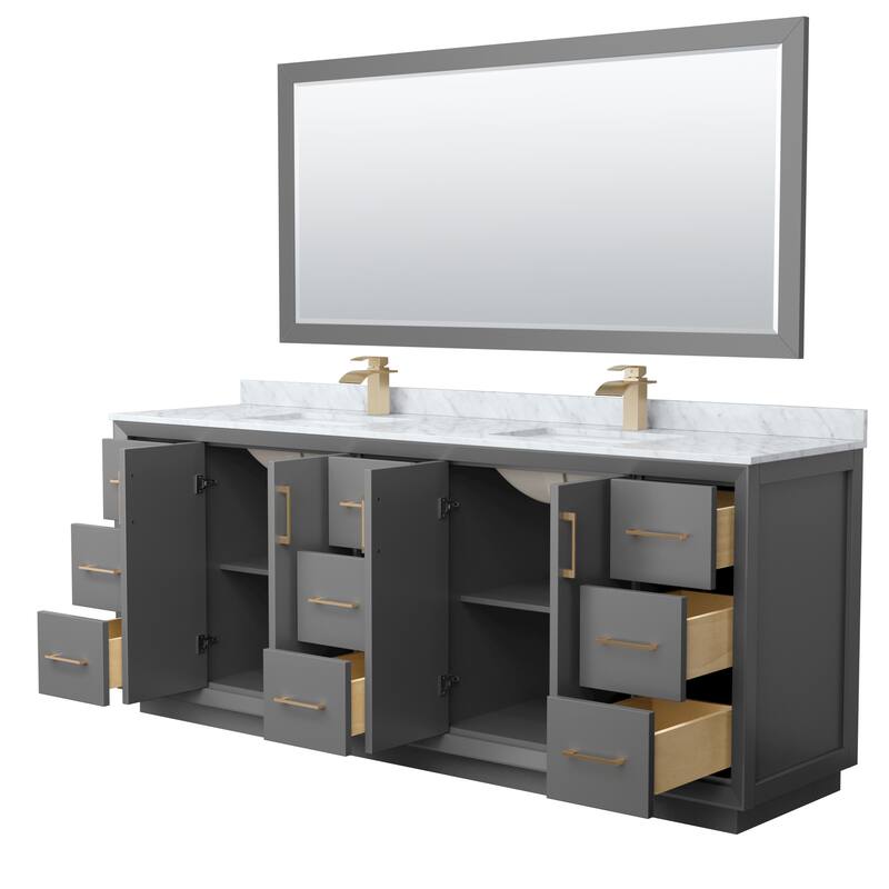 Strada 84-Inch Double Vanity Set, Carrara Marble Top, 70-Inch Mirror