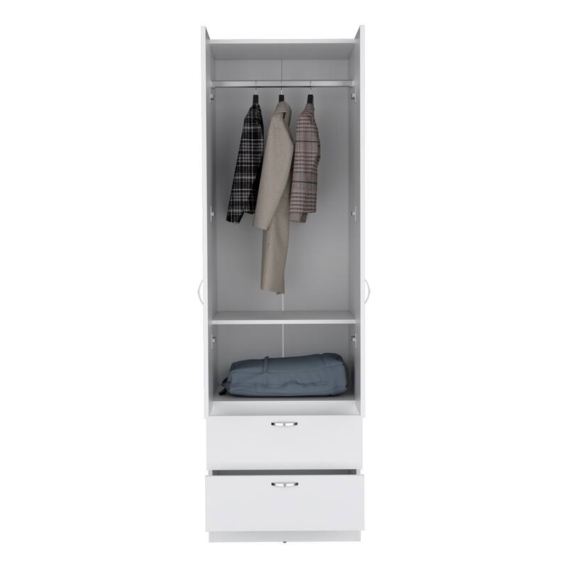 19.5" Modern Double-door Armoire with Hanging Rod, One Shelf and Two Exterior Drawers