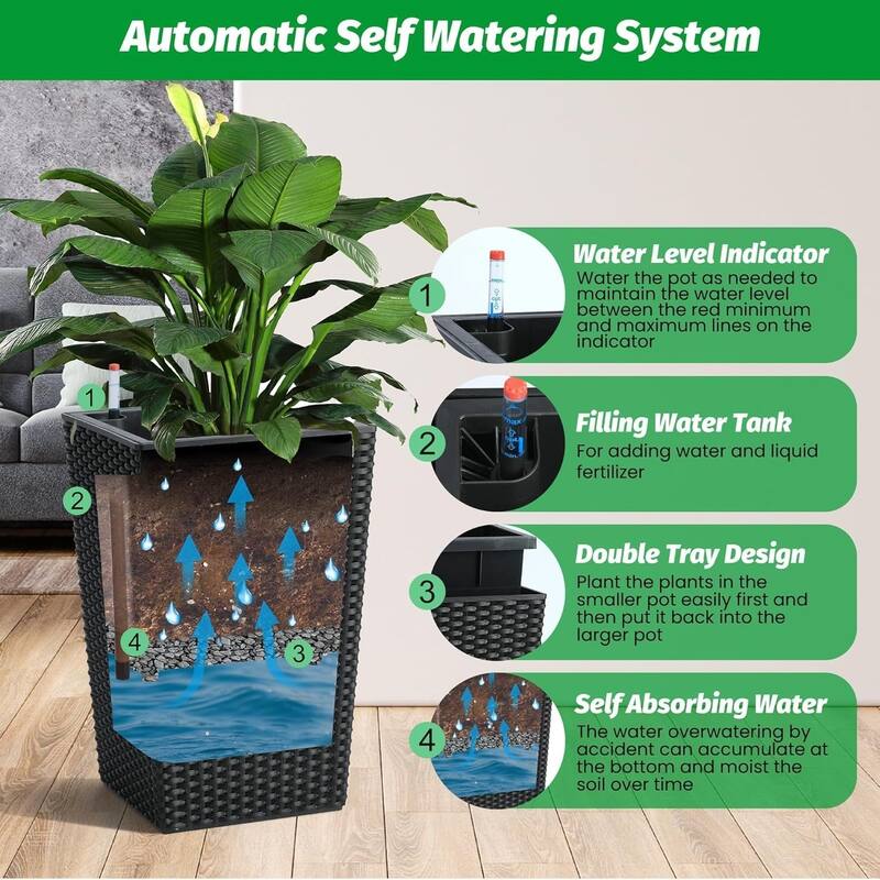 2-Pack 16Inch Rattan Self-Watering Planters with Water Level Indicator Black