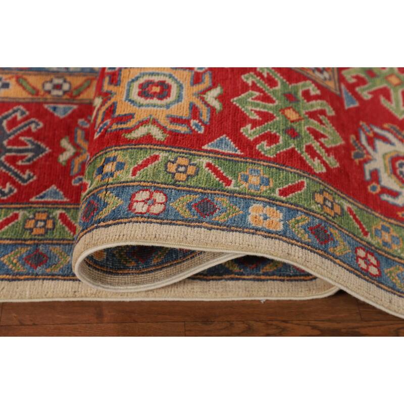 Geometric Kazak Area Rug Hand-Knotted Beige / Ivory Wool Carpet - 6'5" x 9'8"