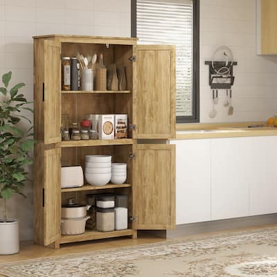 HOMCOM Boho Kitchen Pantry Cabinet with 4 Rattan Decorated Doors ,64" Freestanding Kitchen Storage Cabinet , 4 Tier Shelves