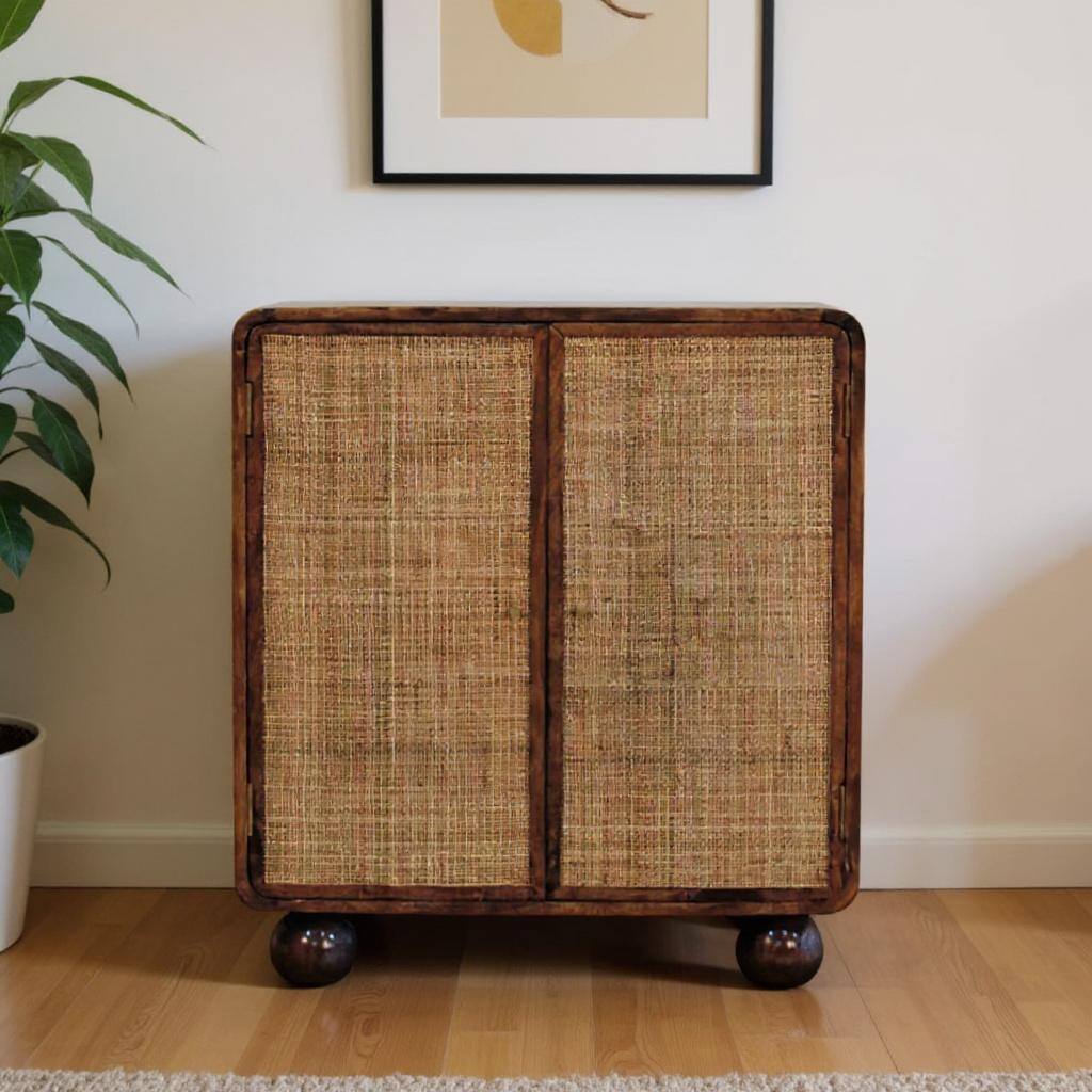 HomeRoots 33" Brown Solid Wood And Inlaid Rattan Accent Cabinet With Two Doors