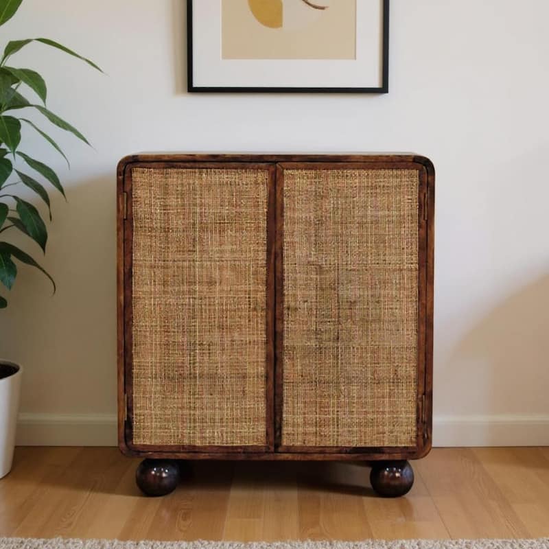 HomeRoots 33" Brown Solid Wood And Inlaid Rattan Accent Cabinet With Two Doors - Brown