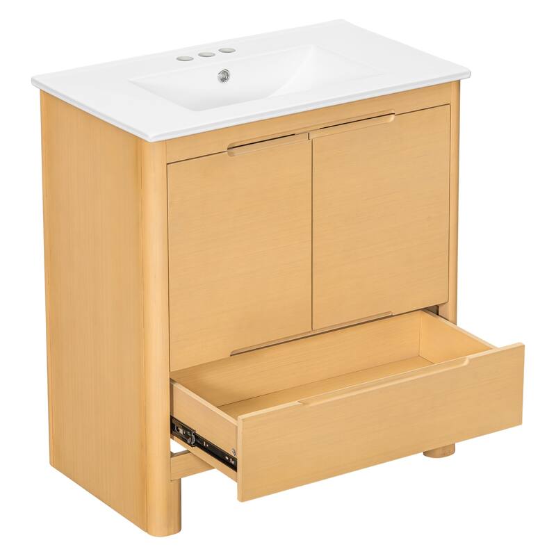 30" Modern Solid Wood Frame Bathroom Vanity Set with Ceramic Sink, Natural Wood Grain Cabinet & Soft-Close Doors