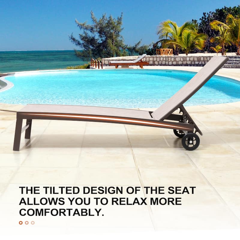 3-piece Outdoor Adjustable Aluminum Reclining Chaise Lounge Chairs with Wheels and Side Table Set
