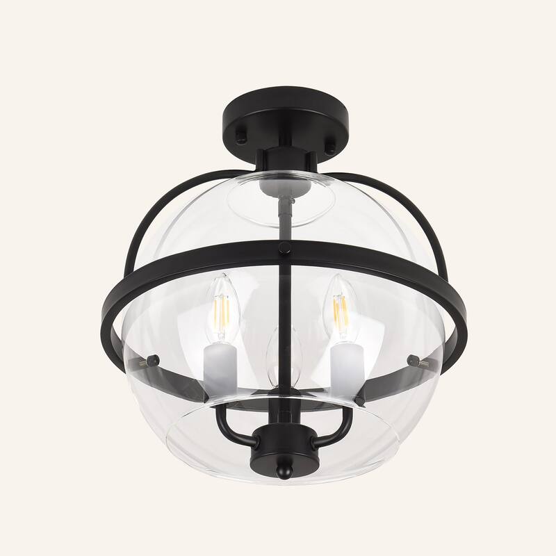 3-Light Industrial - Style Black - Framed Clear Glass Globe Flush Mount Ceiling Light - Matte Black