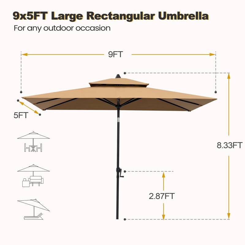 VredHom 9 x 5 Ft Outdoor Rectangular Market Umbrella with Double Top