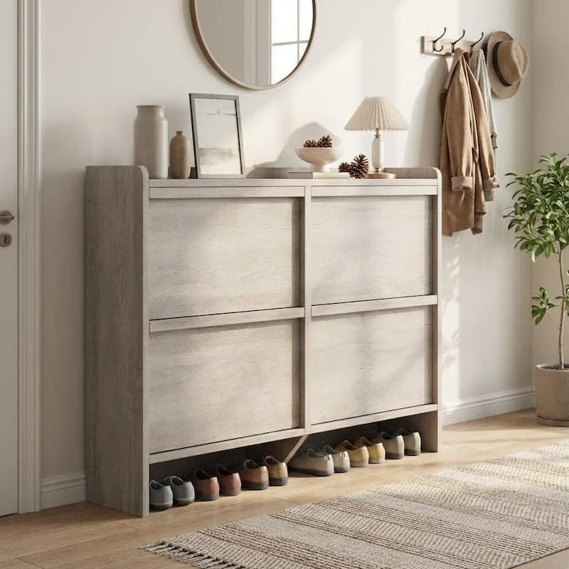 Narrow Shoe Cabinet Organizer with 4 Flip Drawers for Entryway, Hallway, Living Room - Grey