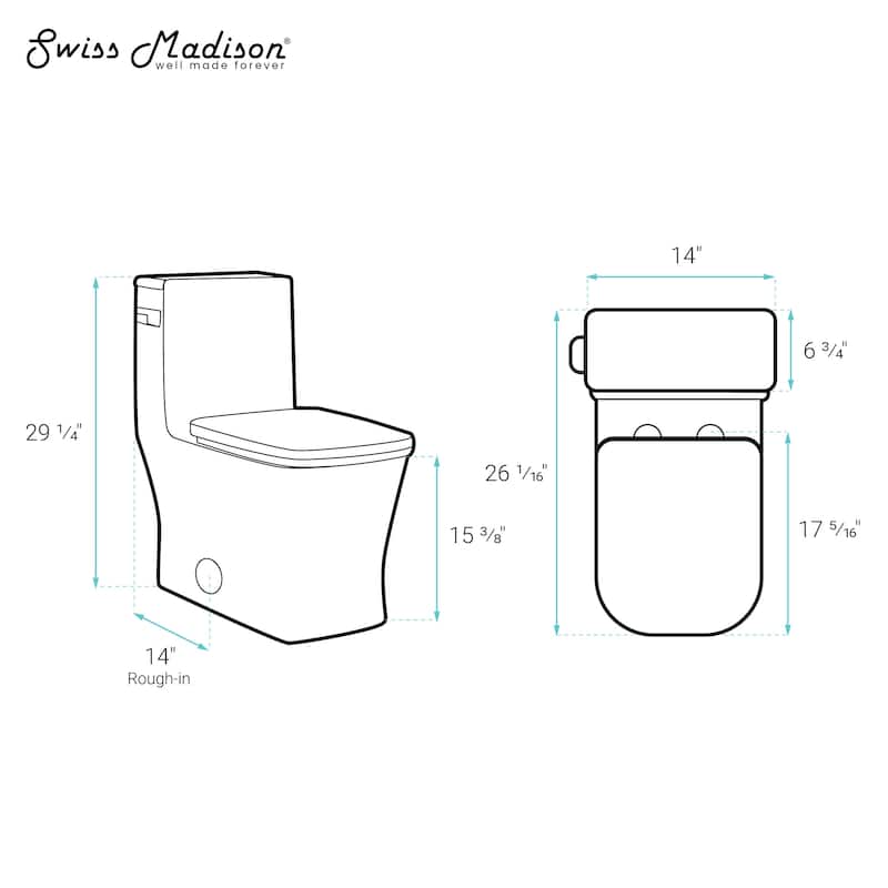Bastille One-Piece Square Toilet Side Flush, Black Hardware 1.28 Gpf - 26.05" x 14" 29.25"
