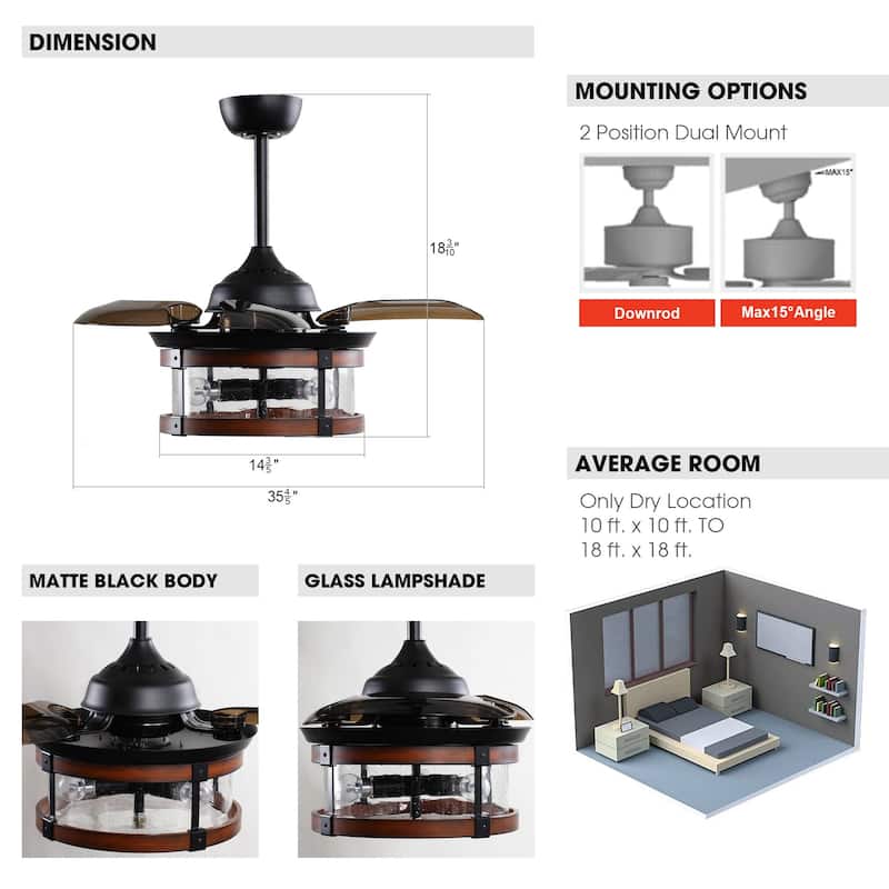 36" Industrial Retractable 3Blade Ceiling Fan Chandelier with Remote