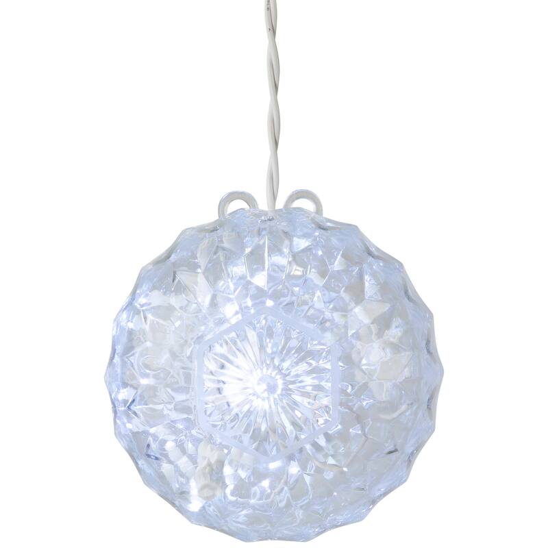 LED Crystal Sphere Hanging Christmas Decoration - 5" - White Lights - 2' White Wire
