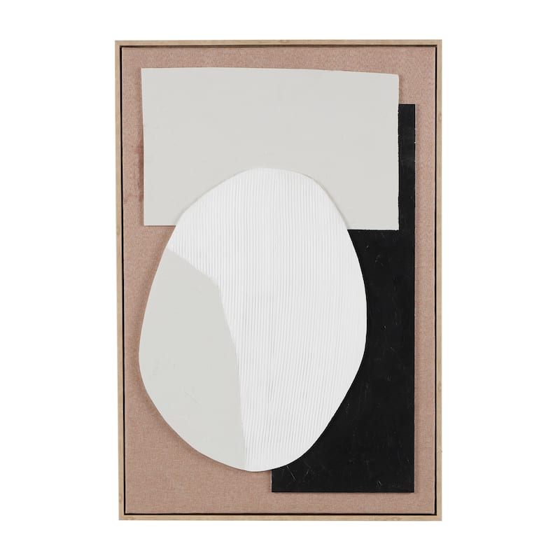Brown Wooden Textured Geometric Framed Wall Art with Abstract Black and White Shapes and Fabric Backing