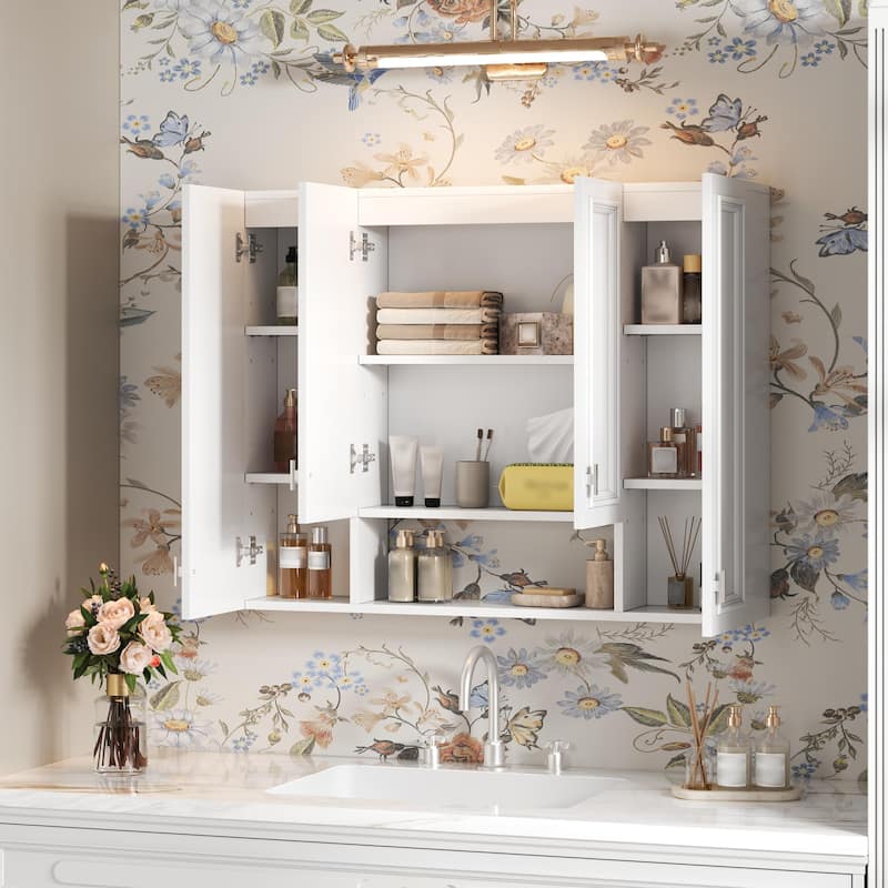 Roomfitters Wall Mounted Medicine Cabinet with 5 Adjustable Shelves, Modern Mirror Storage with Open Shelving, White