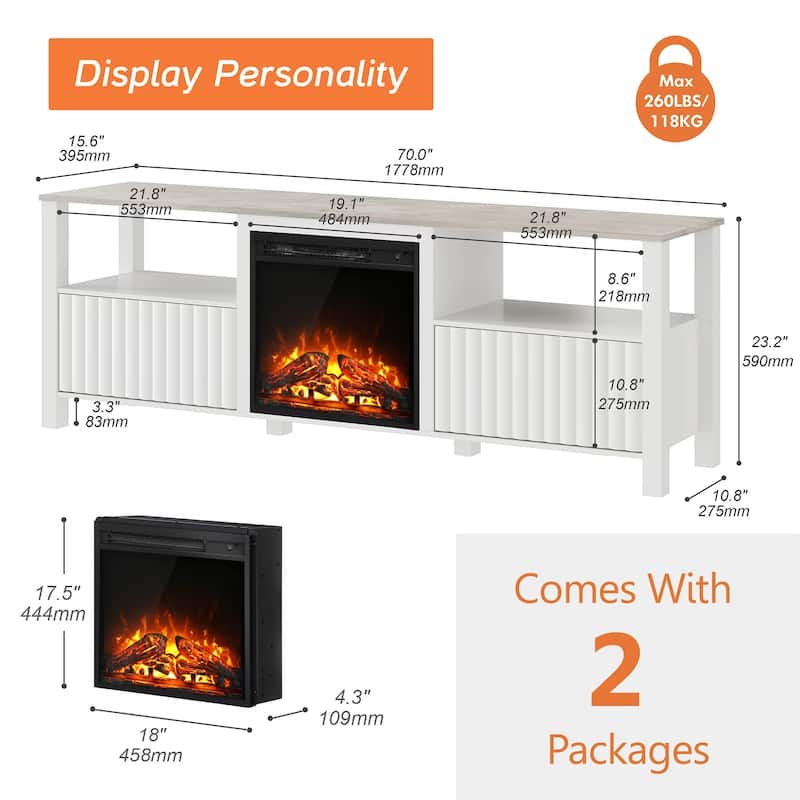 Fireplace TV Stand for 75 Inch TV Entertainment Center, White, 70 Inch
