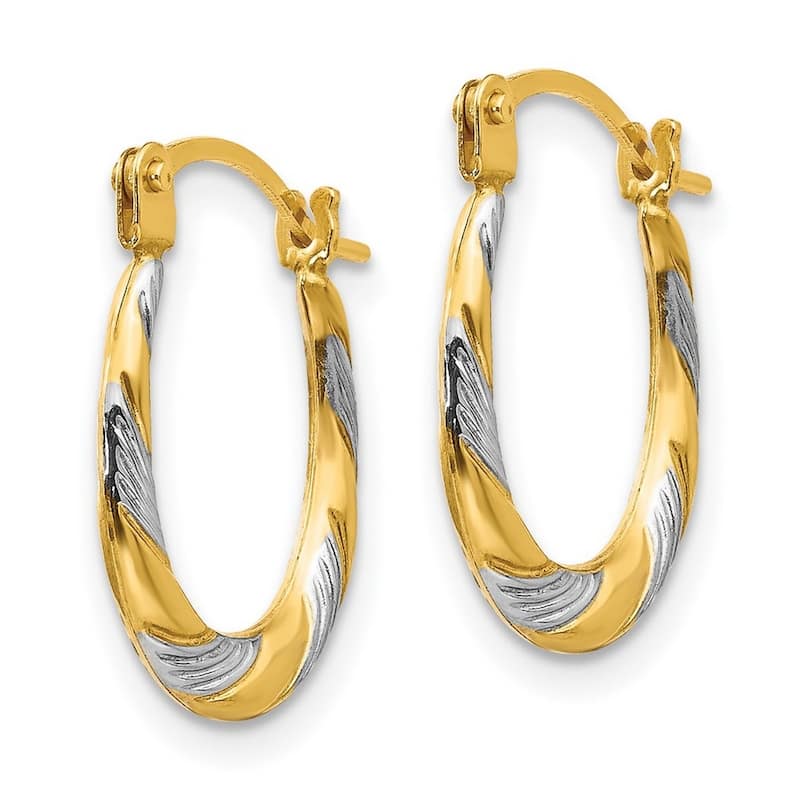 Curata 14k Yellow Gold and Rhodium Twisted Textured Hoop Earrings 15x10mm