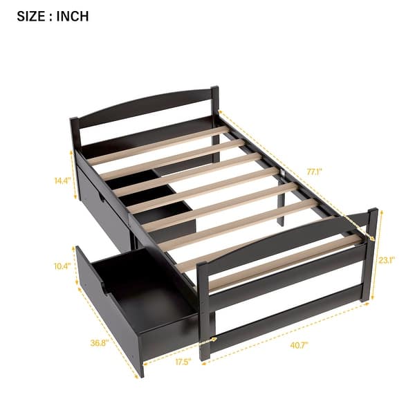 dimension image slide 0 of 3, Twin Size Platform Bed with Two Drawers - Space-Saving Design, High-Quality Pine Wood