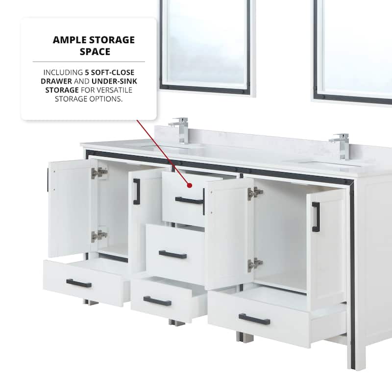 Ziva 72 in W x 22 in D White Double Bath Vanity, White Quartz Top, Faucet Set and 30 in Mirrors