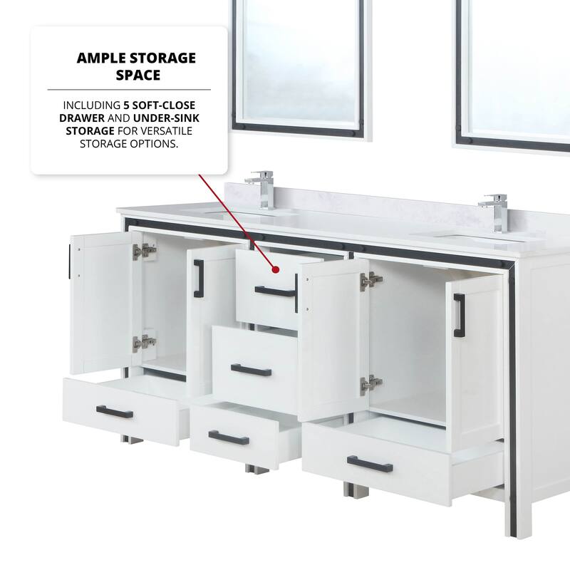 Ziva 72 in W x 22 in D White Double Bath Vanity, White Quartz Top and 30 in Mirrors