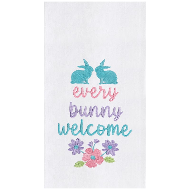 "Every Bunny Welcome" Spring Easter Rabbit Embroidered Cotton Flour Sack Kitchen Dishtowel