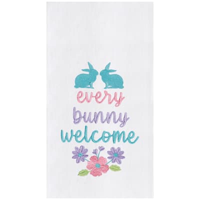"Every Bunny Welcome" Spring Easter Rabbit Embroidered Cotton Flour Sack Kitchen Dishtowel