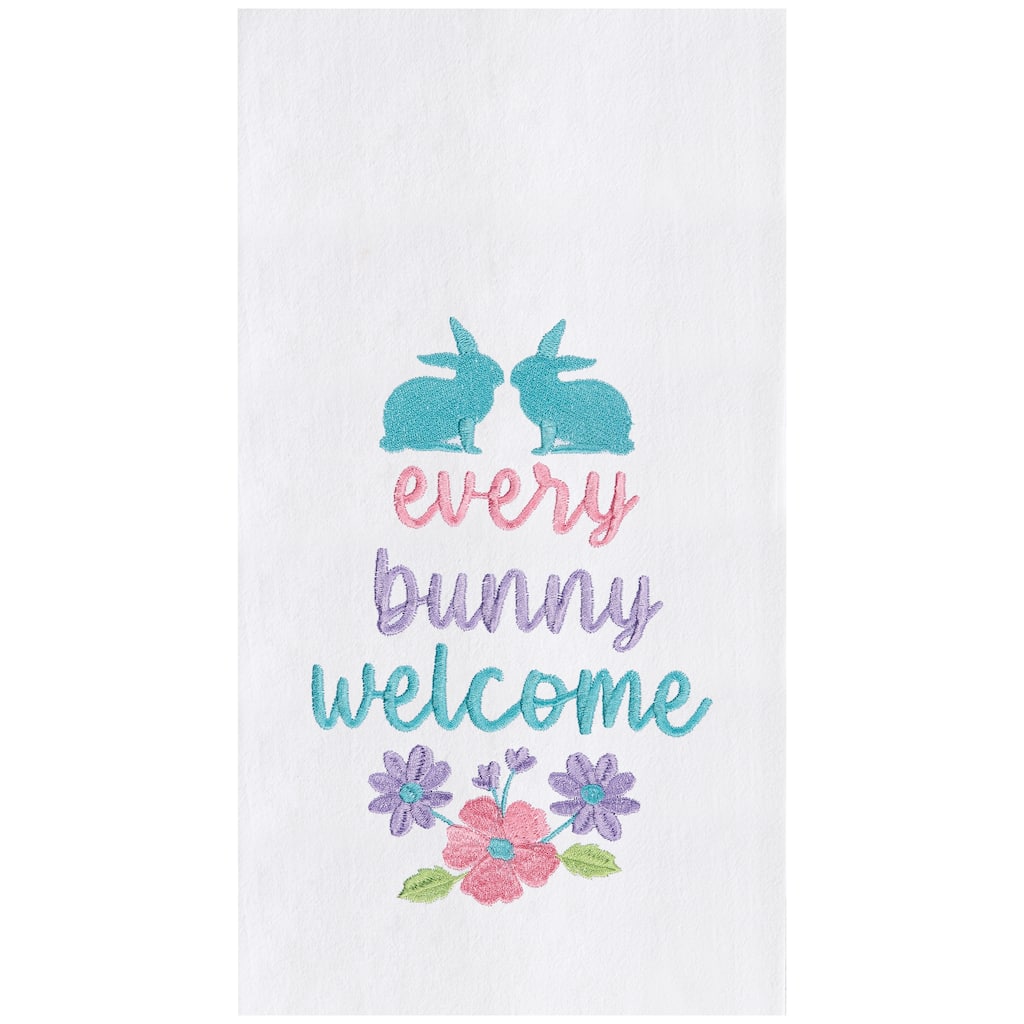 "Every Bunny Welcome" Spring Easter Rabbit Embroidered Cotton Flour Sack Kitchen Dishtowel