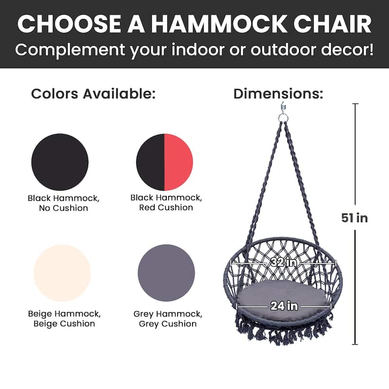 Bahia Macrame Hammock Chair Bedroom Rope Swing Indoor Outdoor Hand Woven Accent Chair - 42 x 32 in