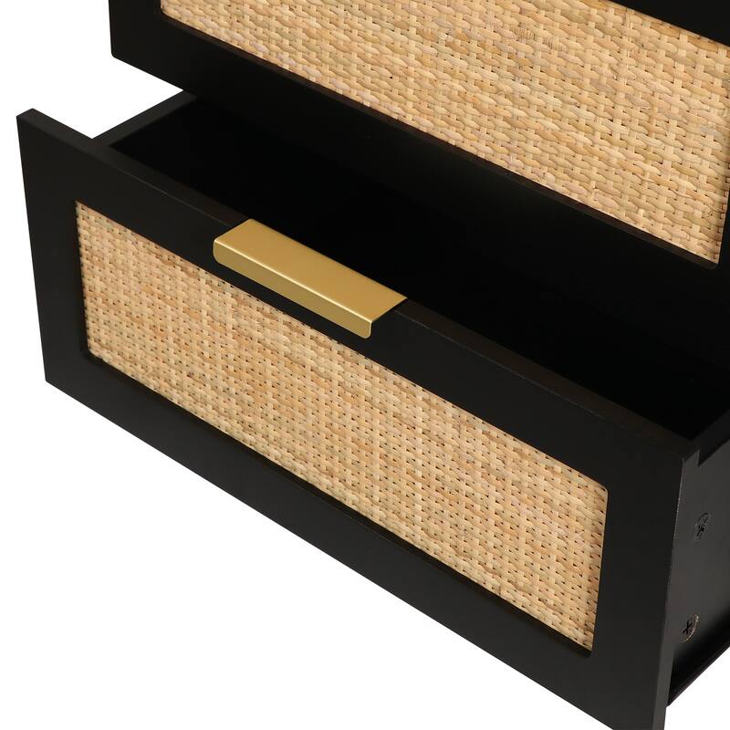 Anmytek 2 Drawer Modern Wood Rattan Black Nightstand Farmhouse Bedside Table