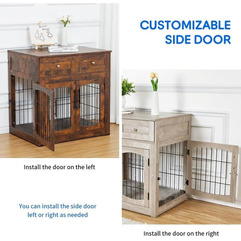 Dog Crate Furniture with Drawers, Wooden Kennel Table with 3 Doors