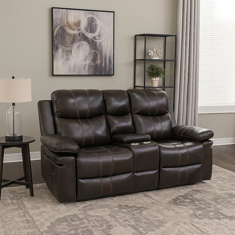 Linden 69 Inch Loveseat with Dual Recliners, Console, Brown Faux Leather