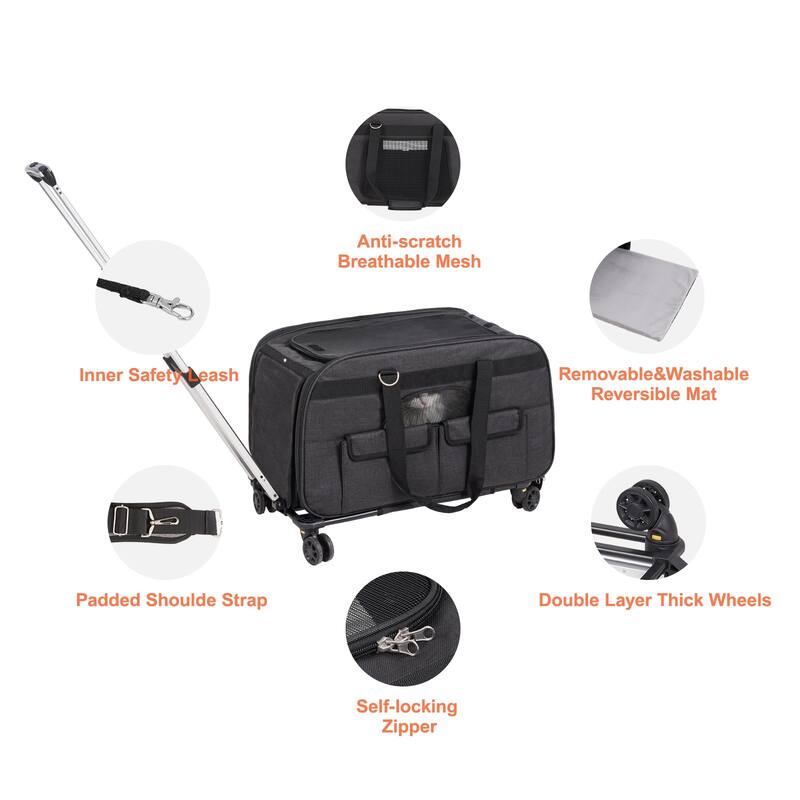 Cat Carrier with Wheels for Pets under 35 lbs, with 1 Folding Bowl, Black