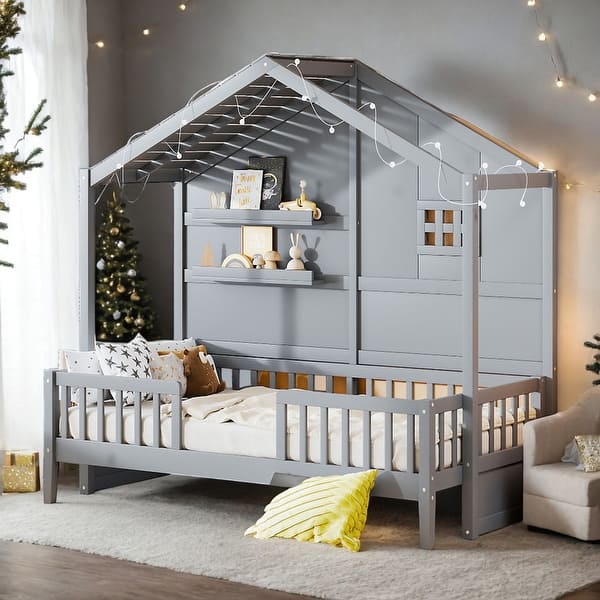 slide 2 of 18, Twin Size House Bed with Shelves,Window and Sparkling Light Strip Grey