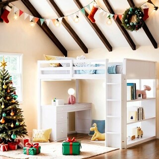 Space-Saving Design Full Size Loft Bed with Ladder, Shelves, and Desk, Muti-Functional Loft Bed