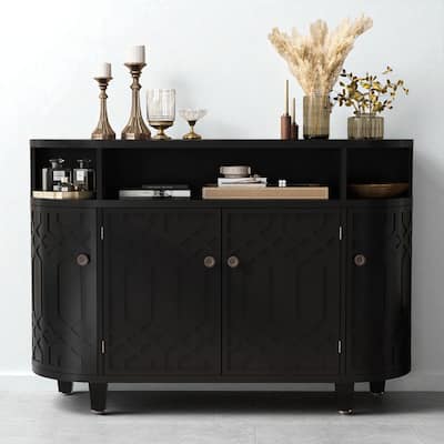 48" Curved Storage Cabinet with Solid Wood Veneer, 4 Doors and Adjustable Shelves - Entryway or Study Sideboard