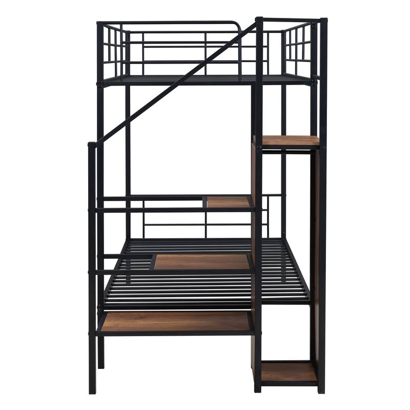 Twin Over Twin Metal Bunk Bed with Storage Ladder and Wardrobe, Space-Saving Design