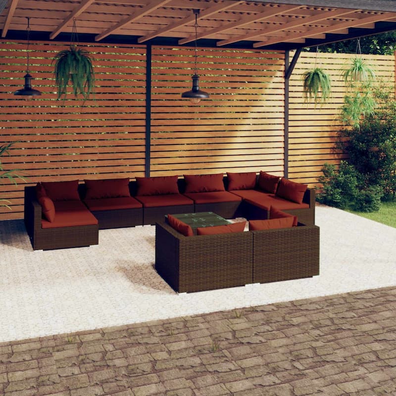 vidaXL Patio Lounge Set with Cushions Brown Poly Rattan - 27.6" x 27.6" x 24" - 27.6" x 27.6" x 24" - Brown/Cinnamon red 13 x Back pillow