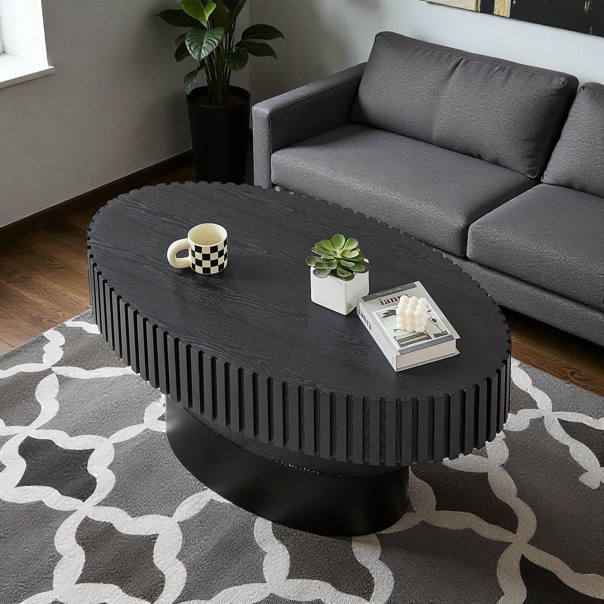 43.7'' Oval Coffee Table with Pedestal Base, Handcrafted Drum Style Center Table for Living Room or Bedroom - MDF