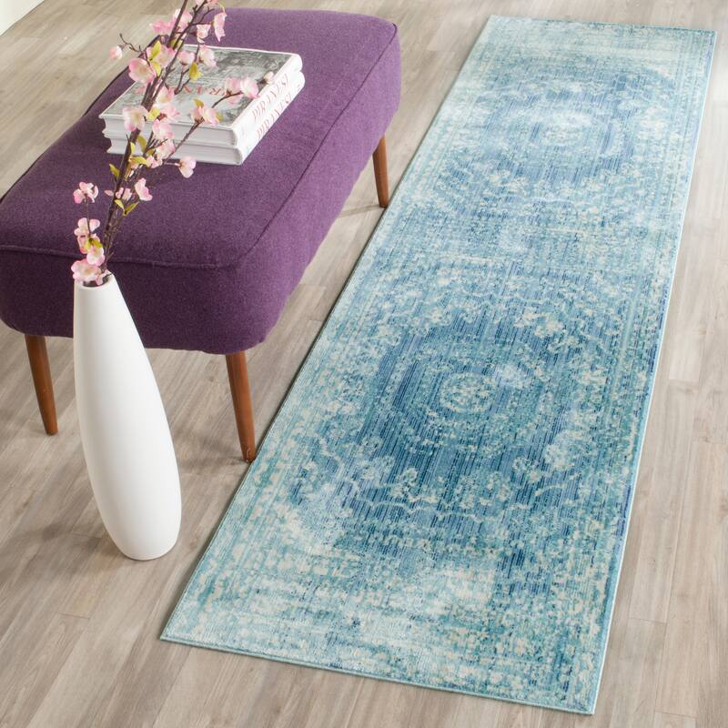 SAFAVIEH Valencia Burcu Distressed Vintage Boho Oriental Polyester Rug - 2'2" x 12' Runner - Blue/Multi