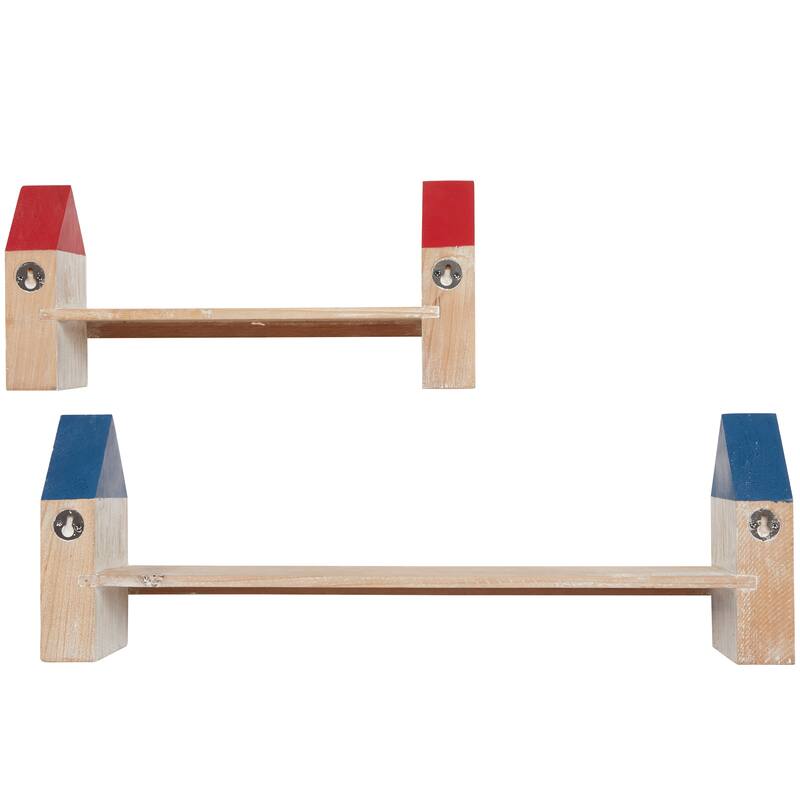 Multi Colored Wood Whitewashed Light House Wall Shelf with Red and Blue Accents (Set of 2) - 24", 16"W