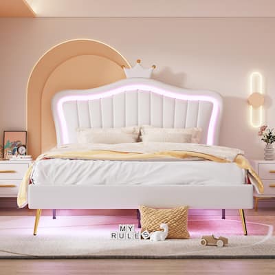 Queen Size Princess Bed,Upholstered LED Bed Frame With Crown Headboard,Beige