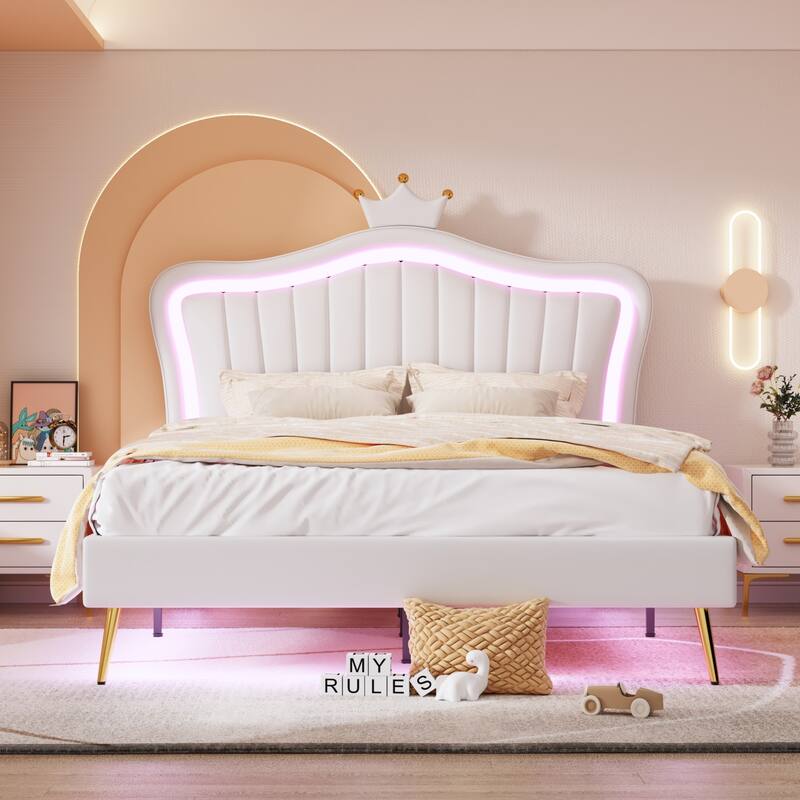 White Princess Bed Queen LED Upholstered Bed Frame w/ Crown Headboard