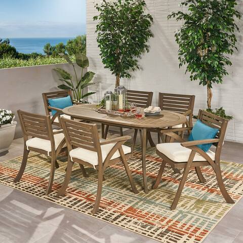 Hermosa Outdoor 6 Seater Acacia Wood Oval Dining Set with Cushions by Christopher Knight Home