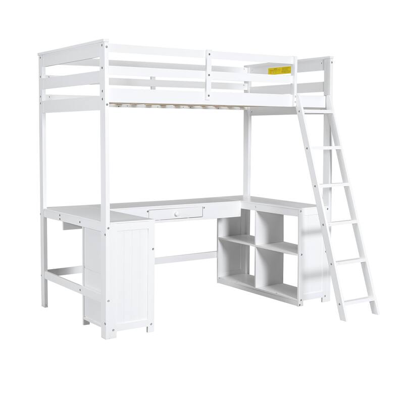 Twin Size Solid Wood Loft Bed with Desk, Blackboard & Drawers
