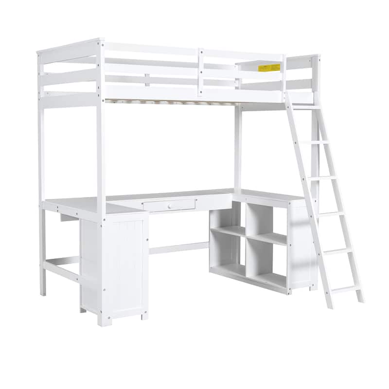 White Twin Size Solid Wood Loft Bed with Desk, Blackboard, and Drawers