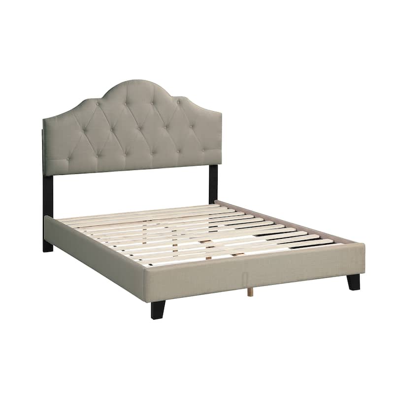 Queen Size Adjustable Headboard Upholstered Platform Bed Frame with Arch Design and Tufted Fabric, Bedroom Furniture