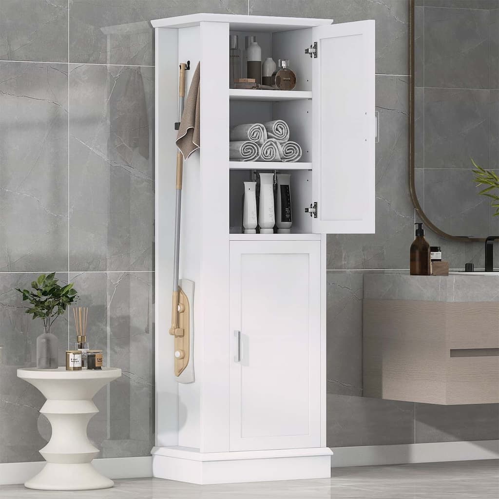Tall Bathroom Storage Cabinet,Freestanding with Hook and Adjustable Shelf