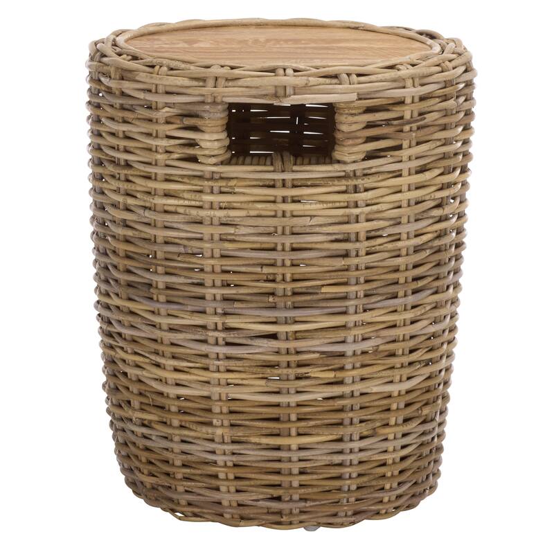 SAFAVIEH Home Shanely Wood Top Rattan Stool - 16"W x 16"D x 19"H - Natural Unfinished
