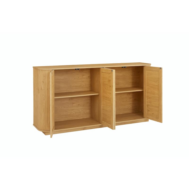64-Inch Wave Shaped TV Stand, Wood Vertical Striped Cabinet with Rattan Doors