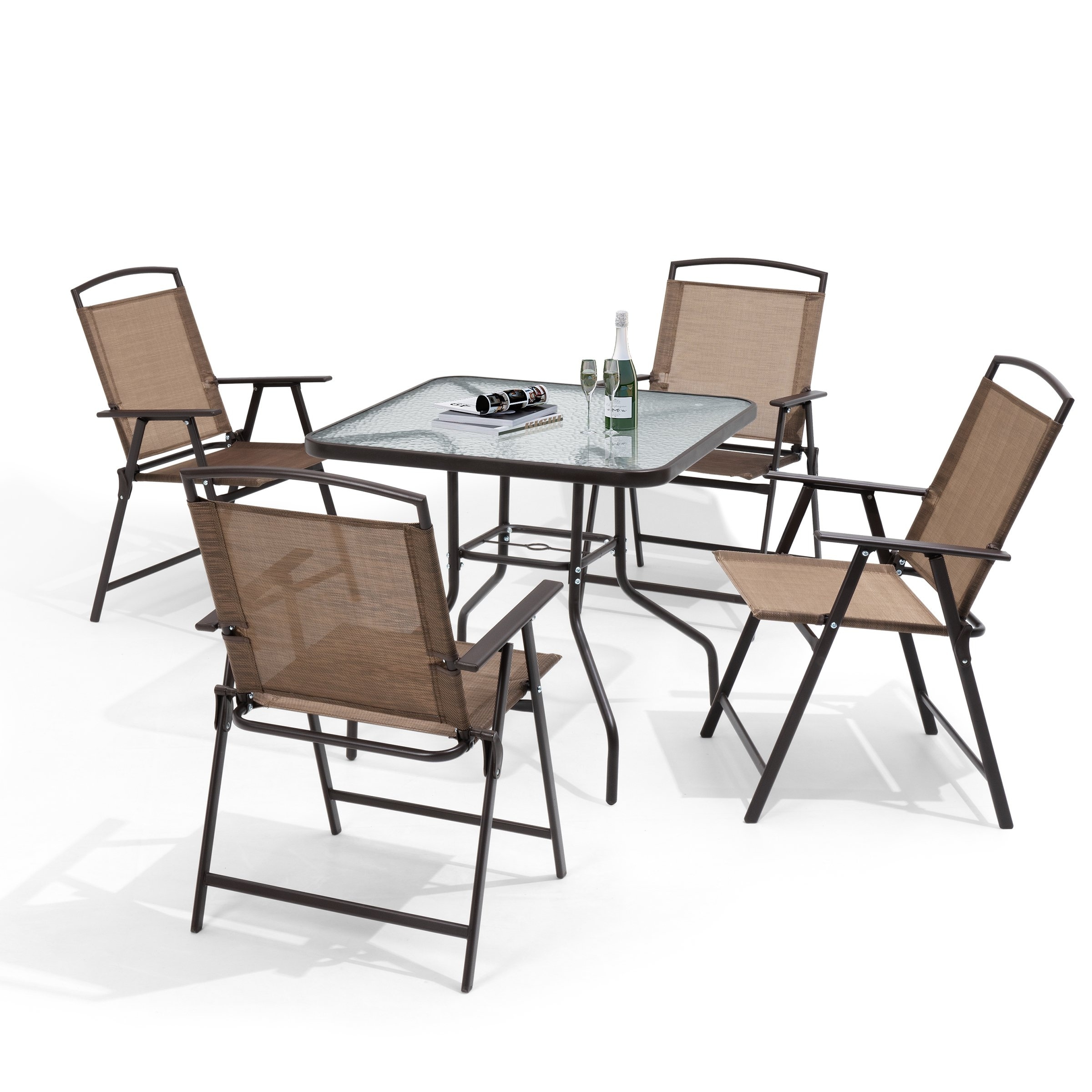 Outdoor 5-piece Patio Dining Set Folding Chairs and Glass Table with Umbrella Hole - See the specifications