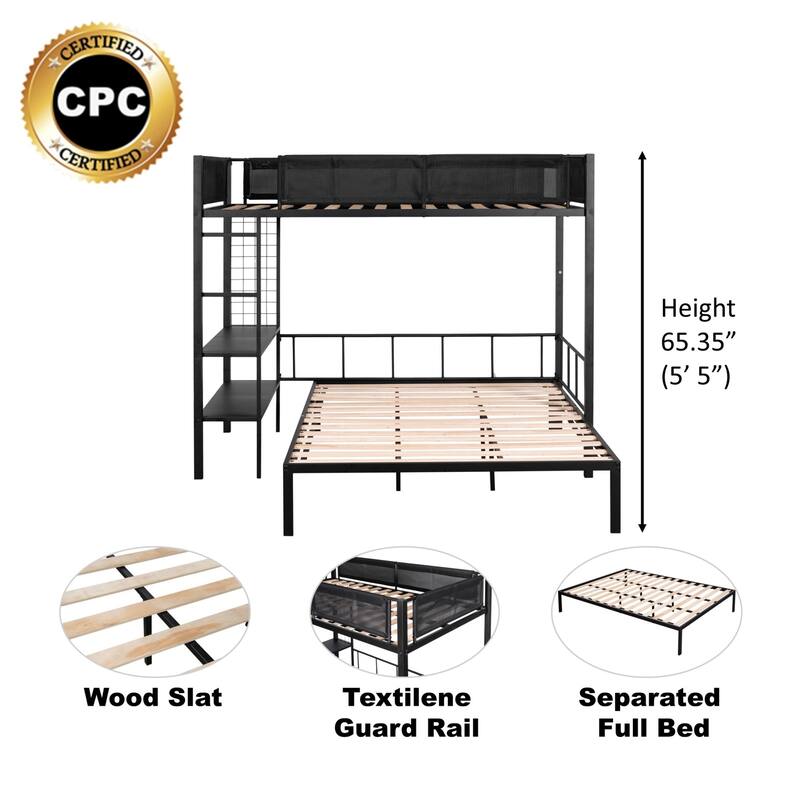 Metal Twin over Full Bunk Bed, Metal Bunkbed Frame with Twin Loft Bed & Full Platform Bed, Versatile Metal Bed with Guardrail